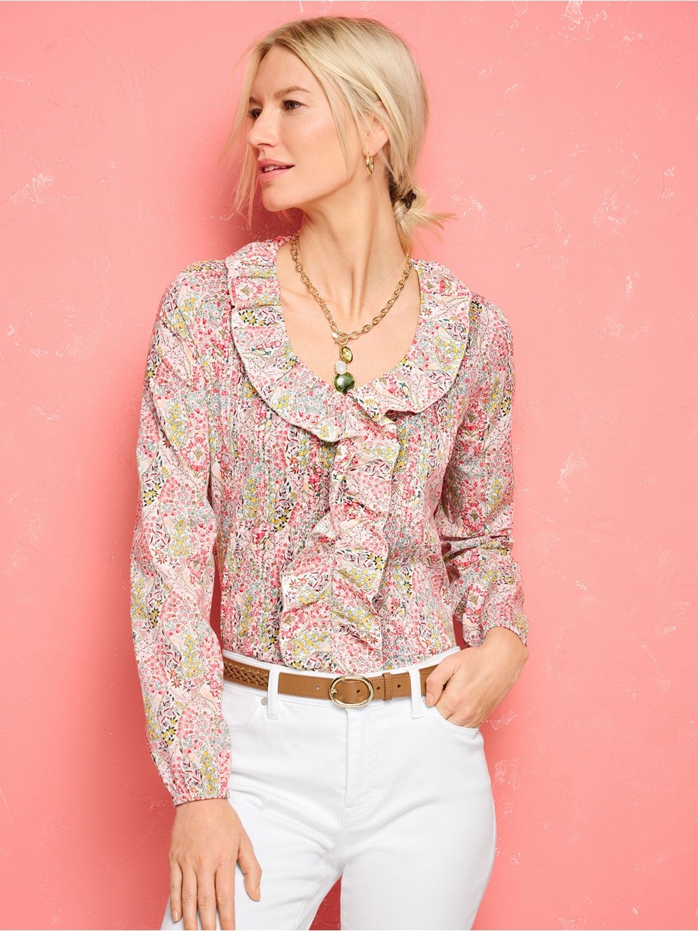 Talbots | Pintuck Ruffle V-Neck Blouse - Pink Branching Floral | Women’s LP - Picture 2 of 11